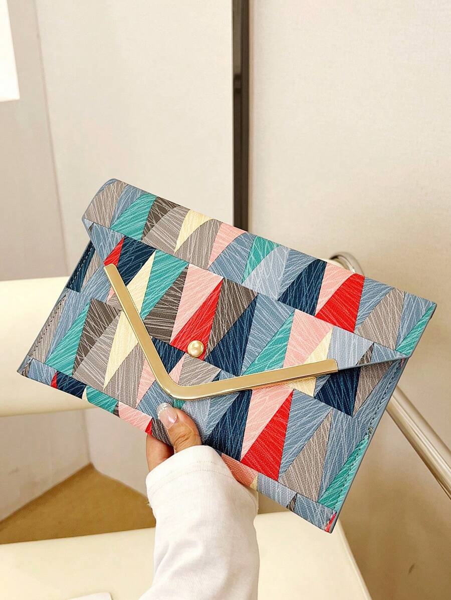 PU Envelope Bag Studded Decor Geometric Pattern - Multicolor - View 1