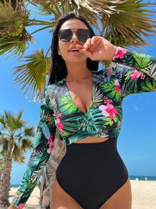 Swim Lushoire Tropical Print Cut Out Waist One Piece Swimsuit - Multicolor - View 2