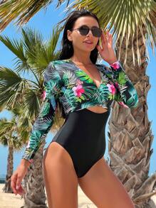 Swim Lushoire Tropical Print Cut Out Waist One Piece Swimsuit - Multicolor - View 5