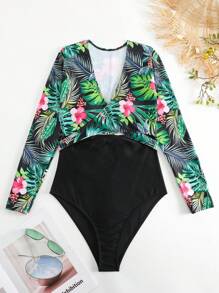 Swim Lushoire Tropical Print Cut Out Waist One Piece Swimsuit - Multicolor - View 6