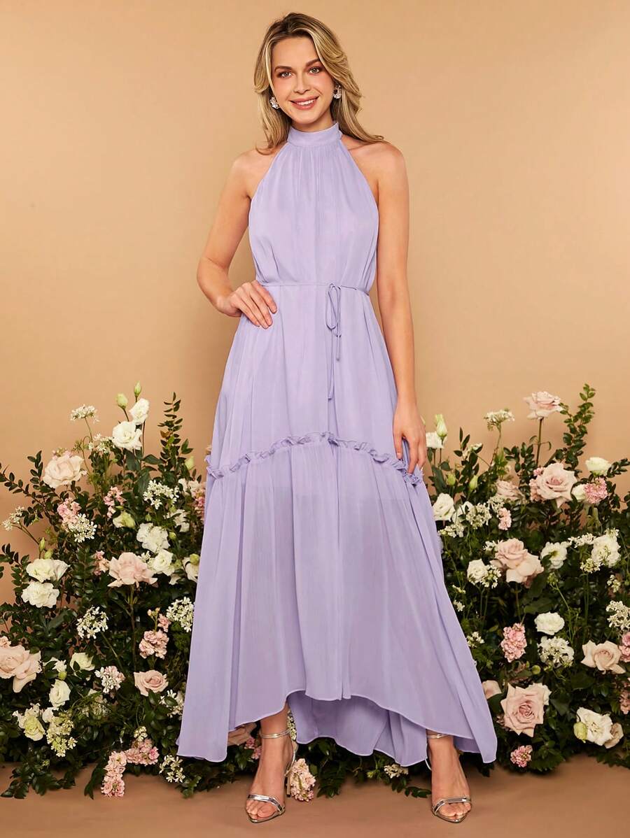 SHEIN Belle Halter Neck Ruffle Trim Belted High Low Hem Bridesmaid Dress - Lilac Purple - View 1