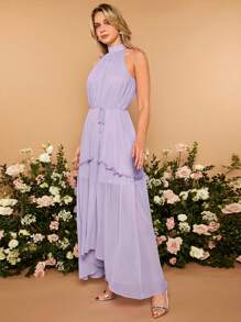 SHEIN Belle Halter Neck Ruffle Trim Belted High Low Hem Bridesmaid Dress - Lilac Purple - View 5
