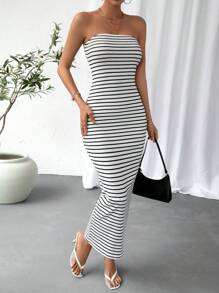 Firerie Striped Print Tube Bodycon Dress - Black and White - View 5