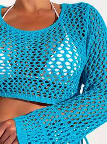 SHEIN Swim Summer Beach Hollow Out Crochet Cover Up Top - Blue - View 3