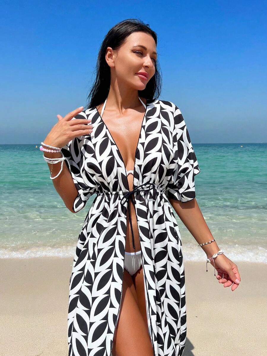 Allover Print Tie Front Kimono - Black and White - View 1
