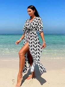 Allover Print Tie Front Kimono - Black and White - View 7