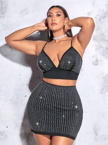 SHEIN BAE Plus Rhinestone Crop Cami Top & Bodycon Skirt - Black - View 1