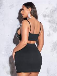 SHEIN BAE Plus Rhinestone Crop Cami Top & Bodycon Skirt - Black - View 2