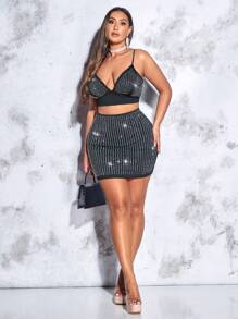 SHEIN BAE Plus Rhinestone Crop Cami Top & Bodycon Skirt - Black - View 5