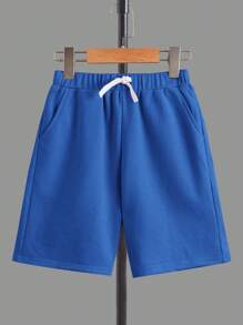 SHEIN Leap Crew Cậu bé Tween Lá thư & bản in cây cọ Áo thun & Eo dây rút Quần short - Màu xanh lam - Xem 8