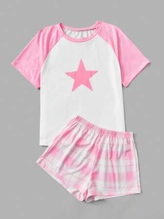 Grunge Punk con stampa stella manica raglan Maglietta & a quadri Shorts Set pigiama