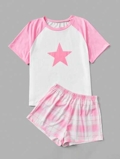 Grunge Punk Star Print Raglan Sleeve Tee & Plaid Shorts PJ Set