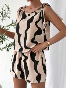 SHEIN Privé 波浪線圖案肩部打結背心上衣和短褲 - 卡其色 - 查看 3