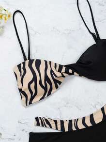 Zebra Striped Cut Out Bikini Set For Summer Beach Vacation - Multicolor - View 6