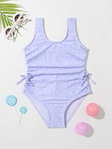 Toddler Girls 1pc Floral Print Ruched Knot Side One Piece Swimsuit - Violet Purple - View 1