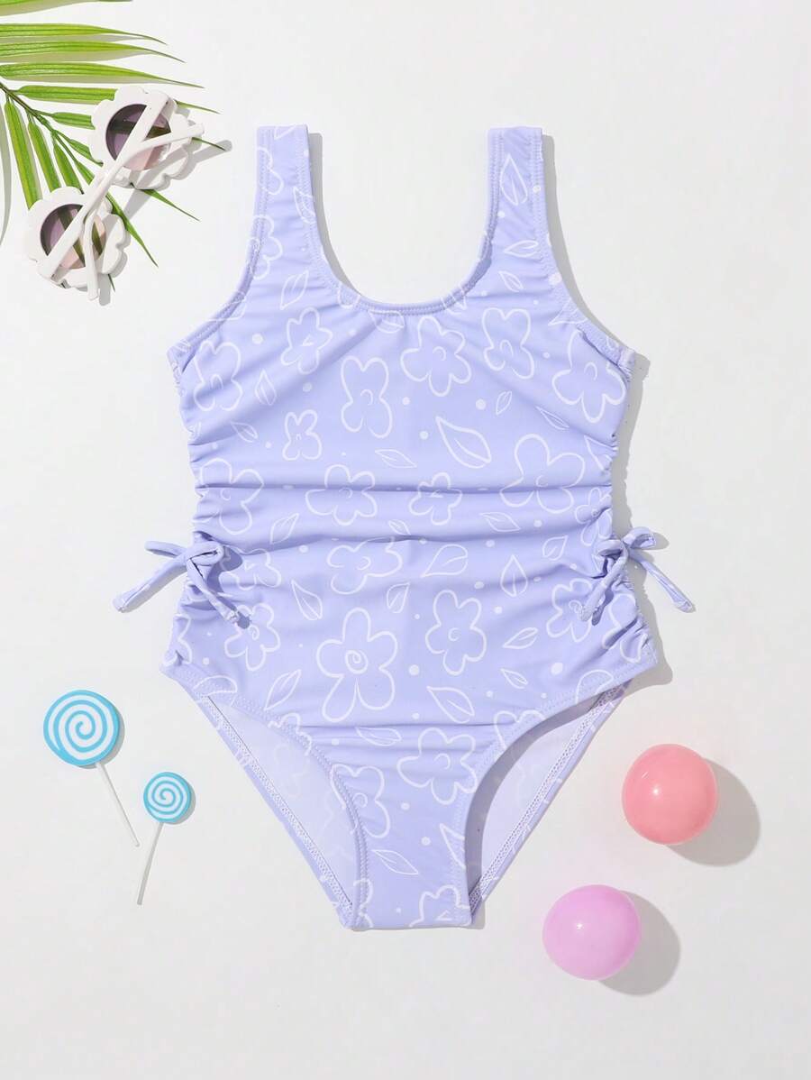 Toddler Girls 1pc Floral Print Ruched Knot Side One Piece Swimsuit - Violet Purple - View 1
