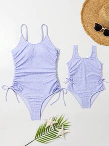 Toddler Girls 1pc Floral Print Ruched Knot Side One Piece Swimsuit - Violet Purple - View 2