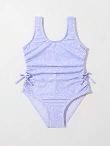 Toddler Girls 1pc Floral Print Ruched Knot Side One Piece Swimsuit - Violet Purple - View 3