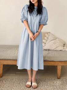 DAZY Solid Puff Sleeve Smock Dress - Baby Blue - View 1