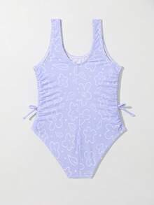 Toddler Girls 1pc Floral Print Ruched Knot Side One Piece Swimsuit - Violet Purple - View 4