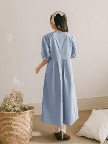 DAZY Solid Puff Sleeve Smock Dress - Baby Blue - View 2