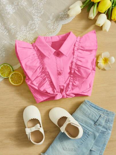 SHEIN bebê Camisa acabamento de babados bainha do nó botão frontal