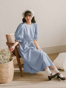 DAZY Solid Puff Sleeve Smock Dress - Baby Blue - View 5