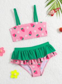 Baby Girl Floral & Strawberry Print Ruffle Trim Beachwear Summer Beach - Multicolor - View 1