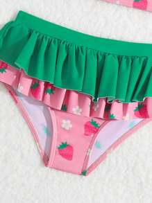 Baby Girl Floral & Strawberry Print Ruffle Trim Beachwear Summer Beach - Multicolor - View 3