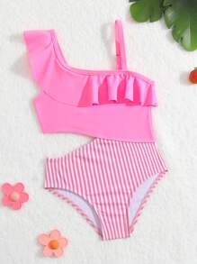 Baby Striped Cut Out Ruffle Trim One Piece Swimsuit - Pink - View 1