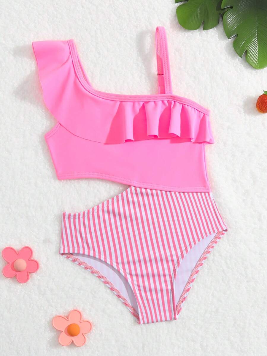 Baby Striped Cut Out Ruffle Trim One Piece Swimsuit - Pink - View 1