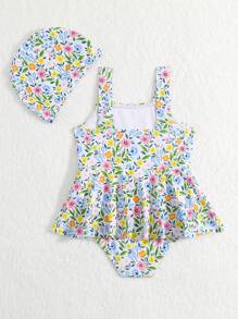 Baby Floral Print Ruffle Hem One Piece Swimsuit With Hat - Multicolor - View 2