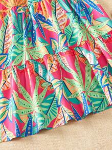 SHEIN Girls Tropical Print Shirred Ruffle Hem Cami Dress - Multicolor - View 4