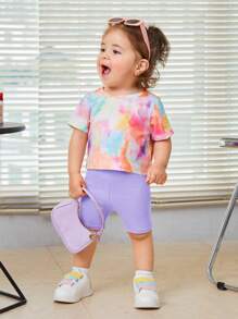 SHEIN 嬰兒女孩染色表情和字母圖案t恤和摩托車短褲