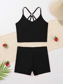 Tween Girl Solid Shorts Bikini Set Summer Beach - Black - View 1