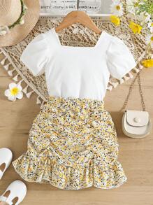SHEIN 女小童花朵印花甜美風度假風格方形領口短泡泡袖上衣和裙子套裝適合夏天 - 彩色 - 查看 2