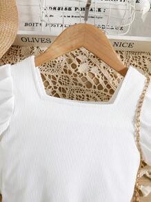 SHEIN 女小童花朵印花甜美風度假風格方形領口短泡泡袖上衣和裙子套裝適合夏天 - 彩色 - 查看 3