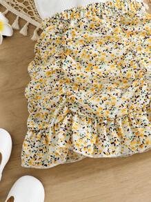 SHEIN 女小童花朵印花甜美風度假風格方形領口短泡泡袖上衣和裙子套裝適合夏天 - 彩色 - 查看 6