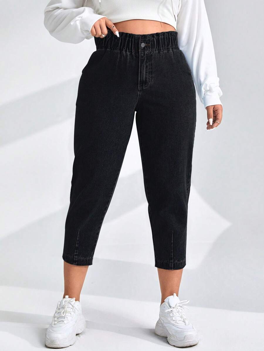 SHEIN Essnce 大碼紙袋腰牛仔褲 - 黑色 - 查看 1