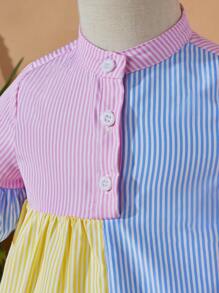 SHEIN 嬰兒條紋印花荷葉袖荷葉邊娃娃裙 - 藍色 - 查看 4