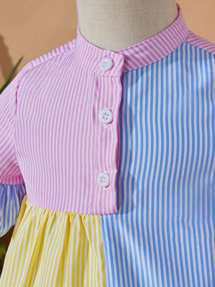 SHEIN ベビー 縞模様プリント フラウンススリーブ フリル裾 スモックドレス - ブルー - 見る 4