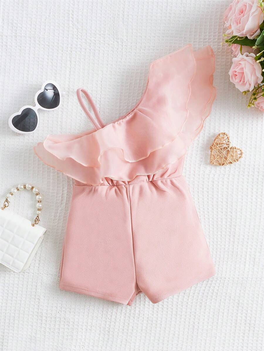 SHEIN Baby Girl Ruffle Trim Asymmetrical Neck Romper - Baby Pink - View 1
