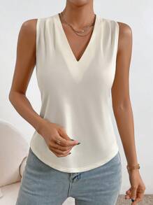 SHEIN Essnce Solid V Neck Tank Top - Apricot - View 5