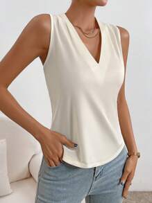 SHEIN Essnce Solid V Neck Tank Top - Apricot - View 6