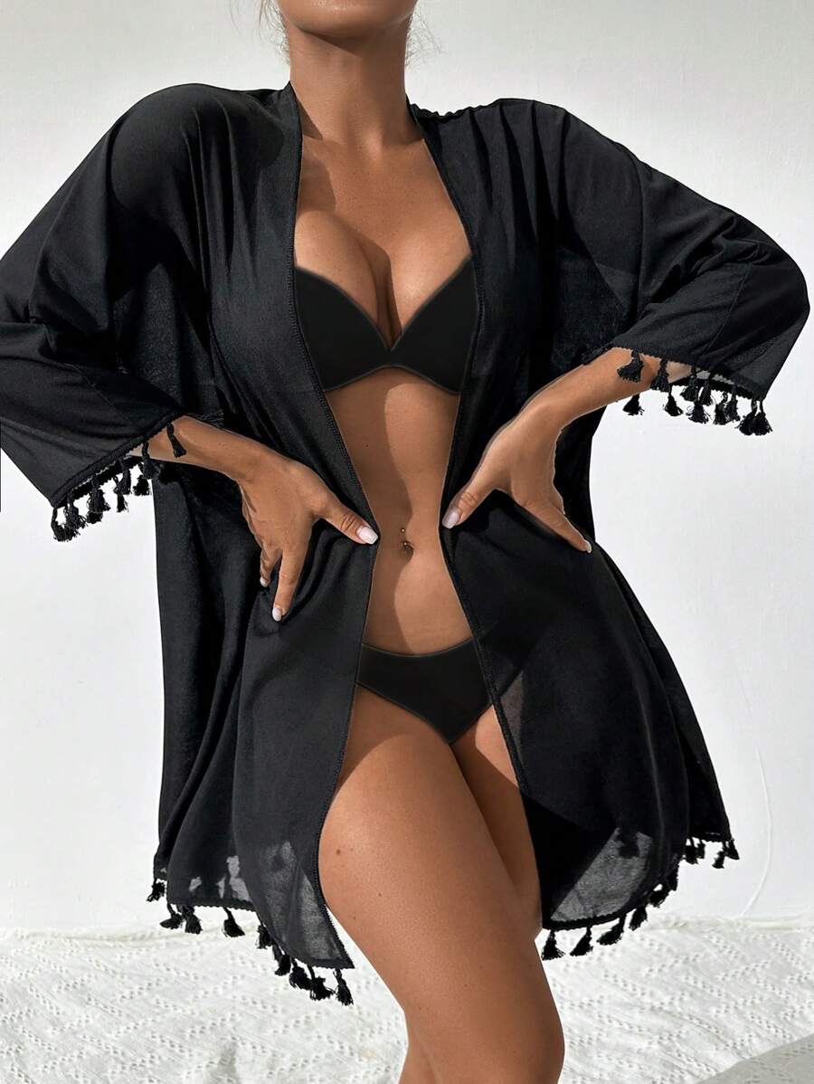 Swim Vcay Summer Beach Tassel Trim Open Front Kimono