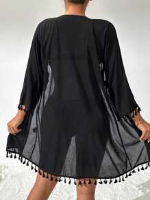 Swim Vcay Summer Beach Tassel Trim Open Front Kimono