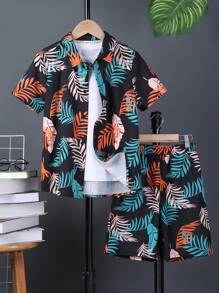 SHEIN 男孩熱帶圖案襯衫和短褲不帶T恤 - 彩色 - 查看 1