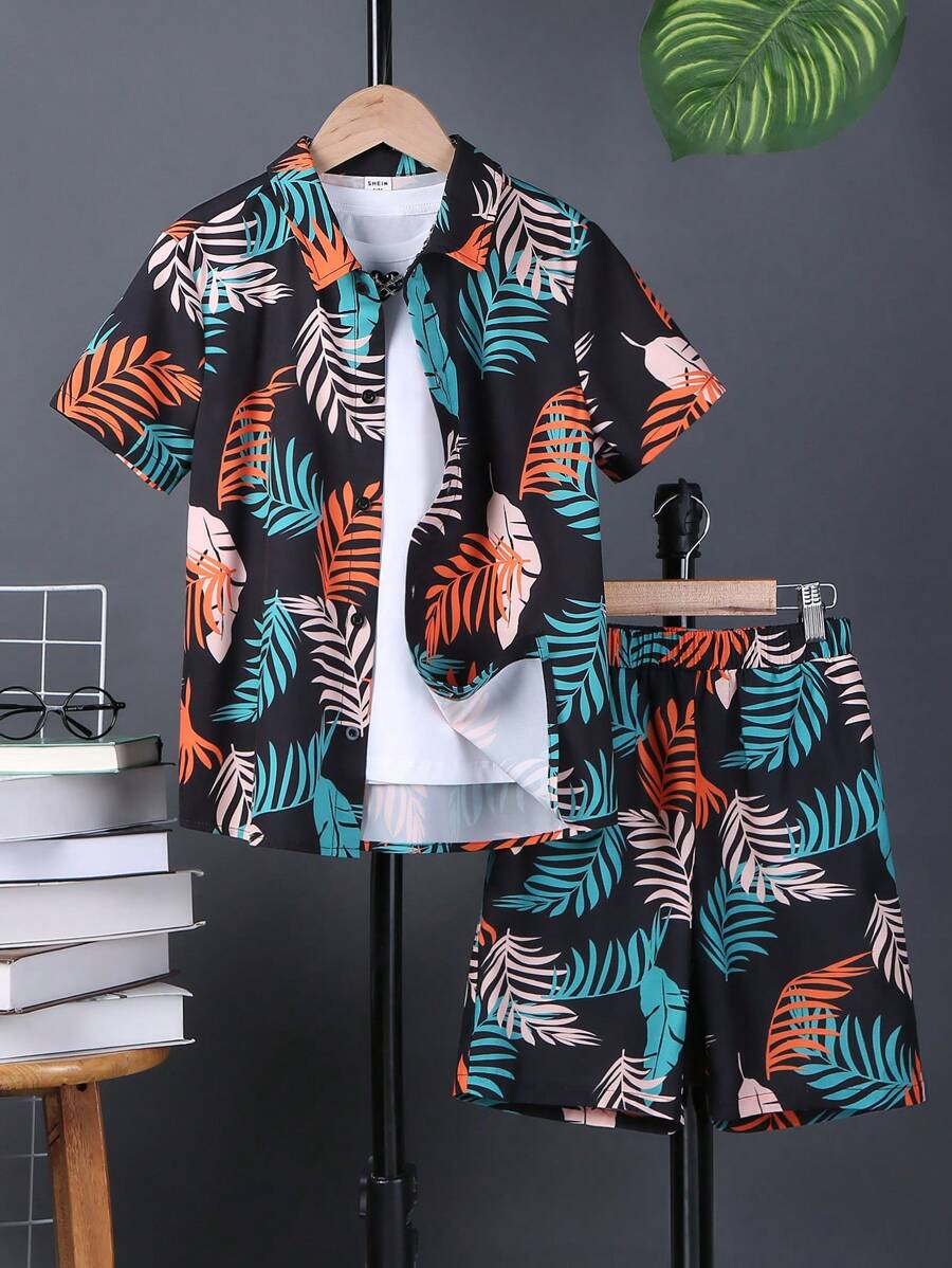 SHEIN 男孩熱帶圖案襯衫和短褲不帶T恤 - 彩色 - 查看 1
