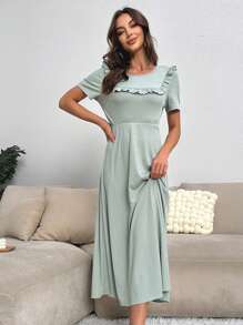 Ruffle Trim Lounge Dress - Mint Green - View 3