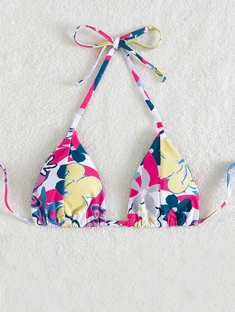 Floral Print Halter Triangle Bikini Top - Multicolor - View 1
